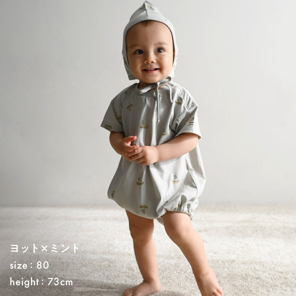 半袖 ロンパース ボンネット付き