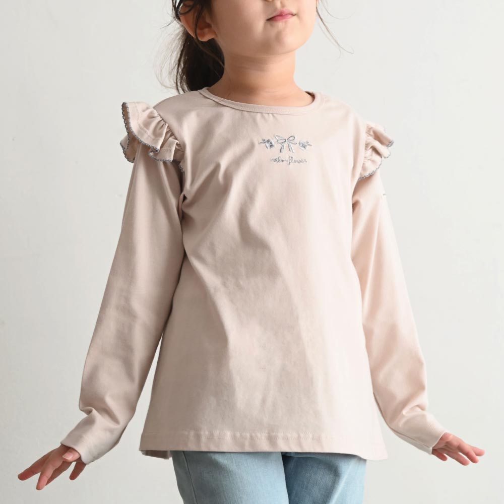 【秋冬】 長袖 肩フリル Tシャツ