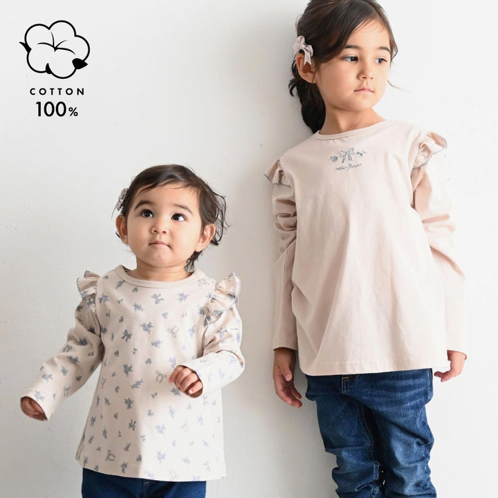 【秋冬】 長袖 肩フリル Tシャツ