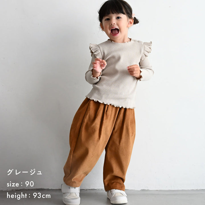 【秋冬】 肩フリル 長袖 Tシャツ リブ