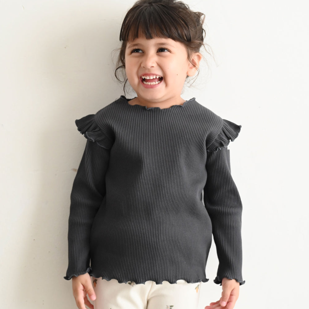 【秋冬】 肩フリル 長袖 Tシャツ リブ