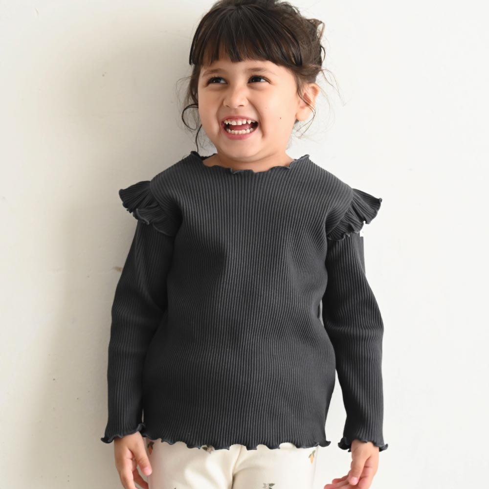 肩フリル 長袖 Tシャツ リブ