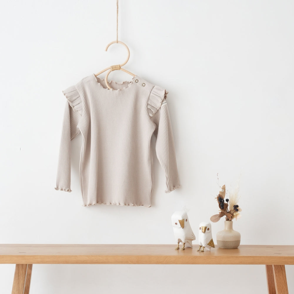 【秋冬】 肩フリル 長袖 Tシャツ リブ