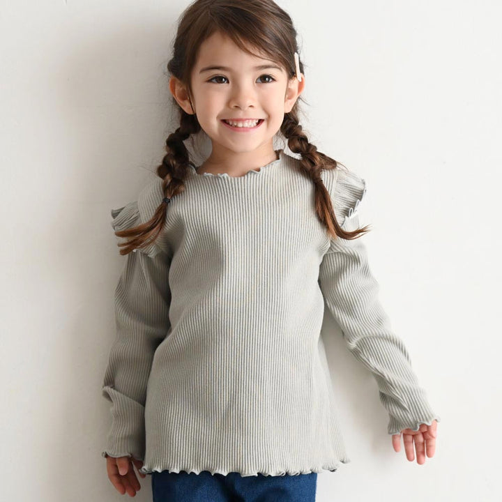 肩フリル 長袖 Tシャツ リブ