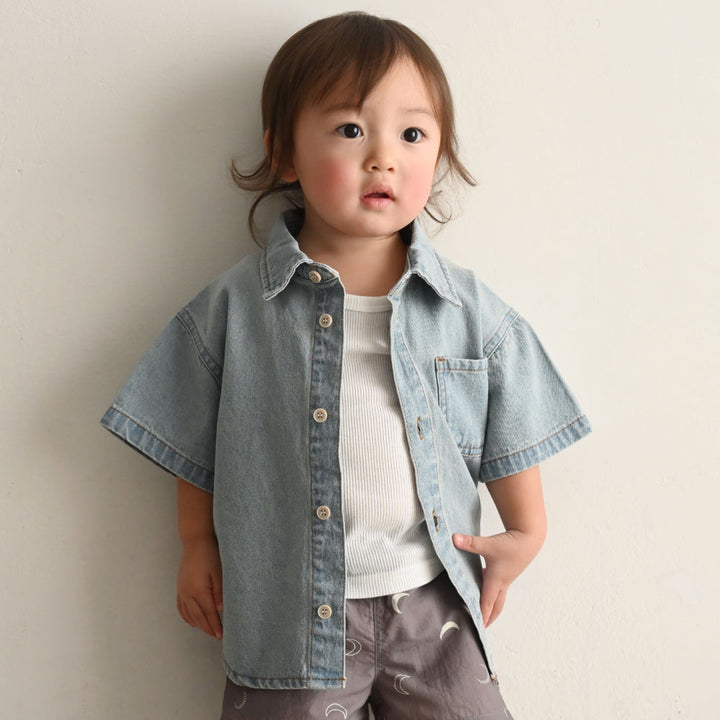 ステンカラー 半袖 シャツ デニム