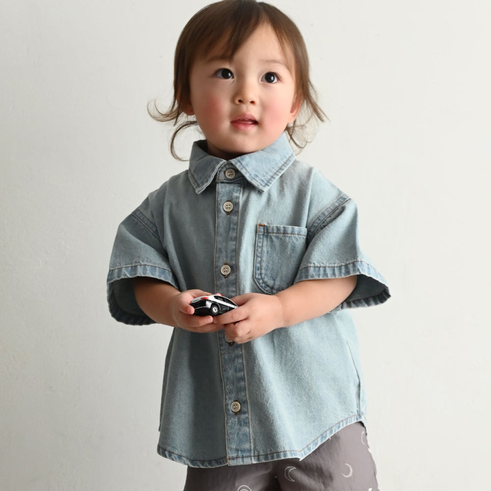 ステンカラー 半袖 シャツ デニム