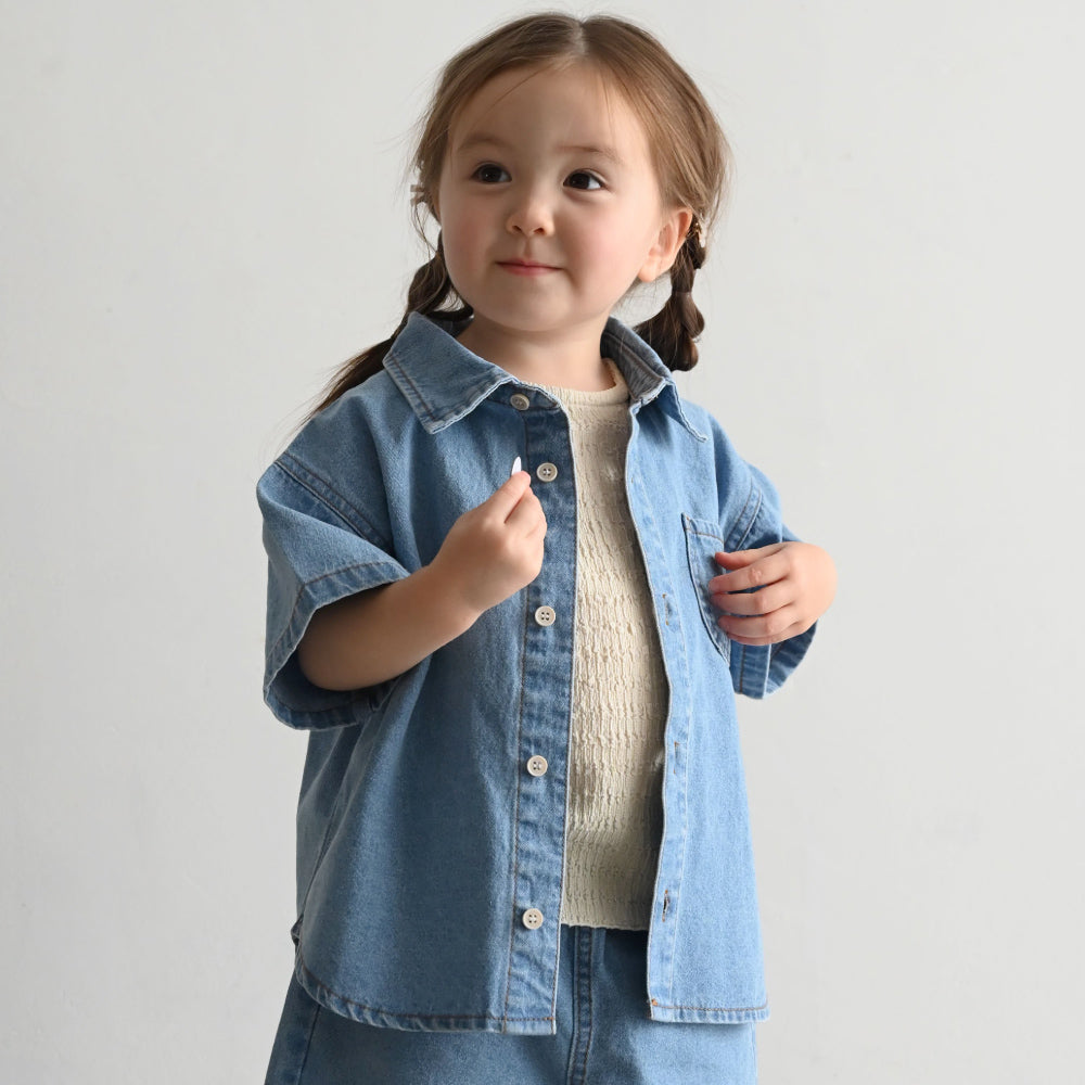 ステンカラー 半袖 シャツ デニム