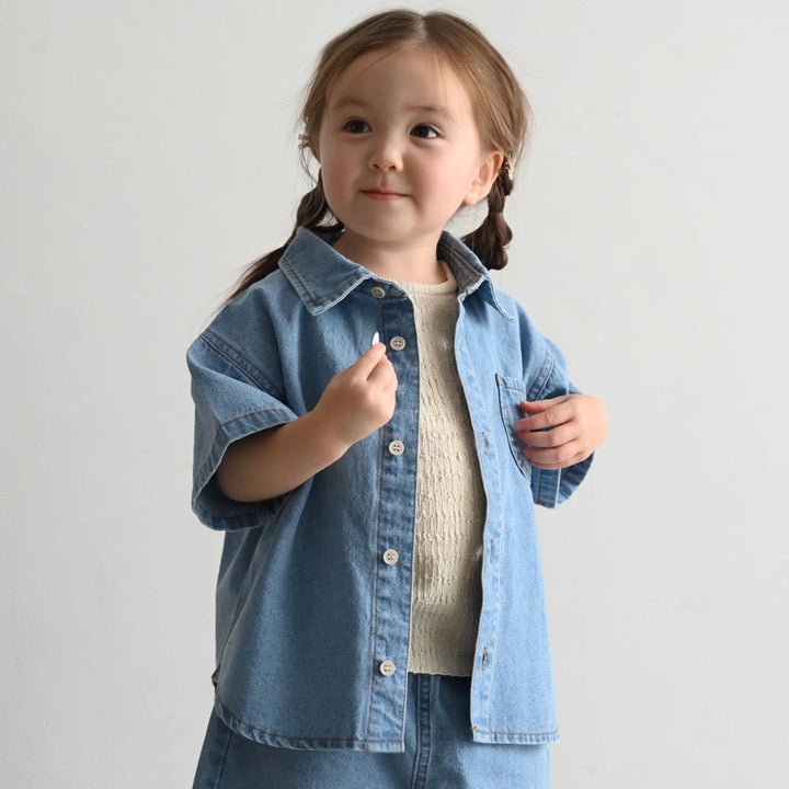 ステンカラー 半袖 シャツ デニム