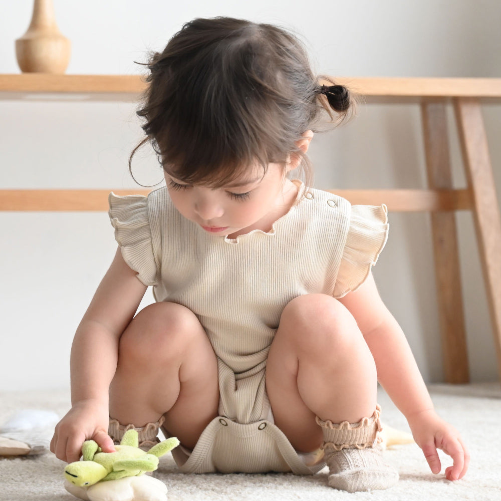 肩フリル ノースリーブ ロンパース テレコ