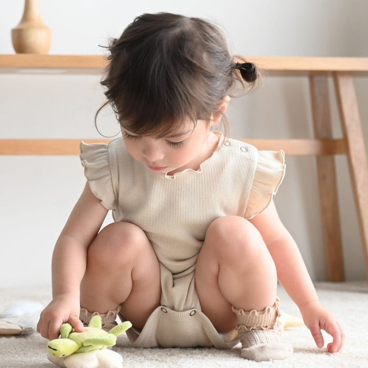 肩フリル ノースリーブ ロンパース テレコ