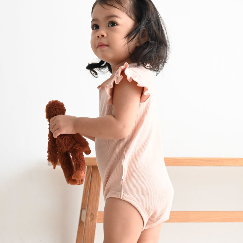 肩フリル ノースリーブ ロンパース テレコ