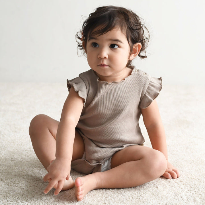 肩フリル ノースリーブ ロンパース テレコ