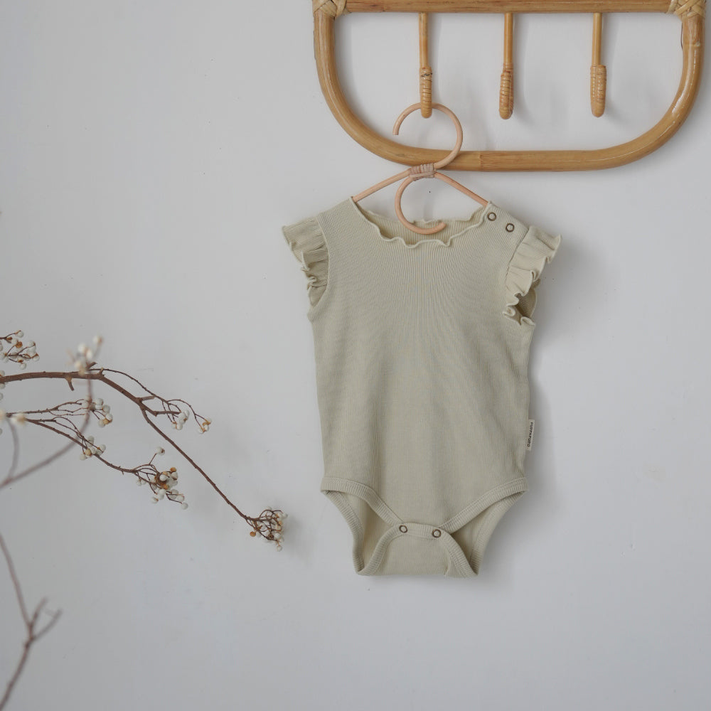 肩フリル ノースリーブ ロンパース テレコ