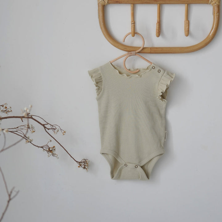 肩フリル ノースリーブ ロンパース テレコ