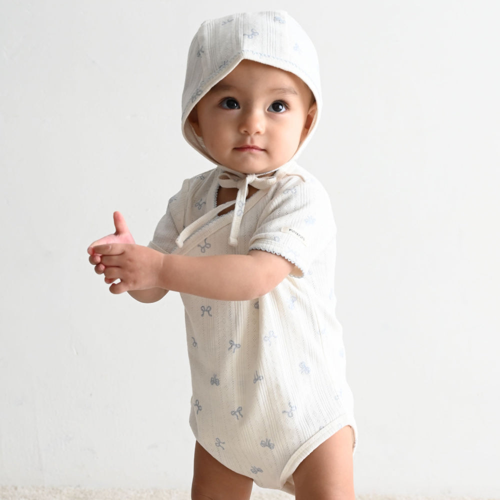 前開き ロンパース 針抜き ボンネット付き