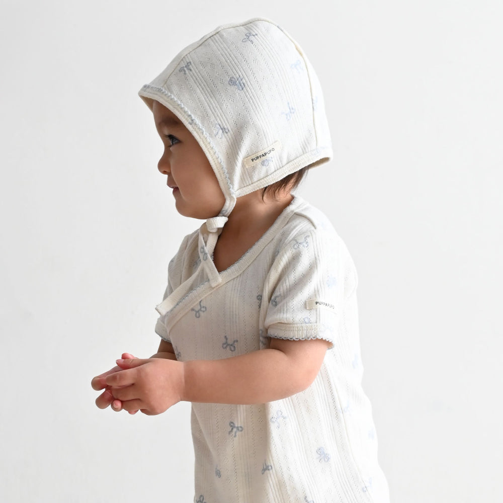 前開き ロンパース 針抜き ボンネット付き