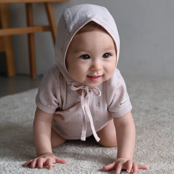 前開き ロンパース 針抜き ボンネット付き