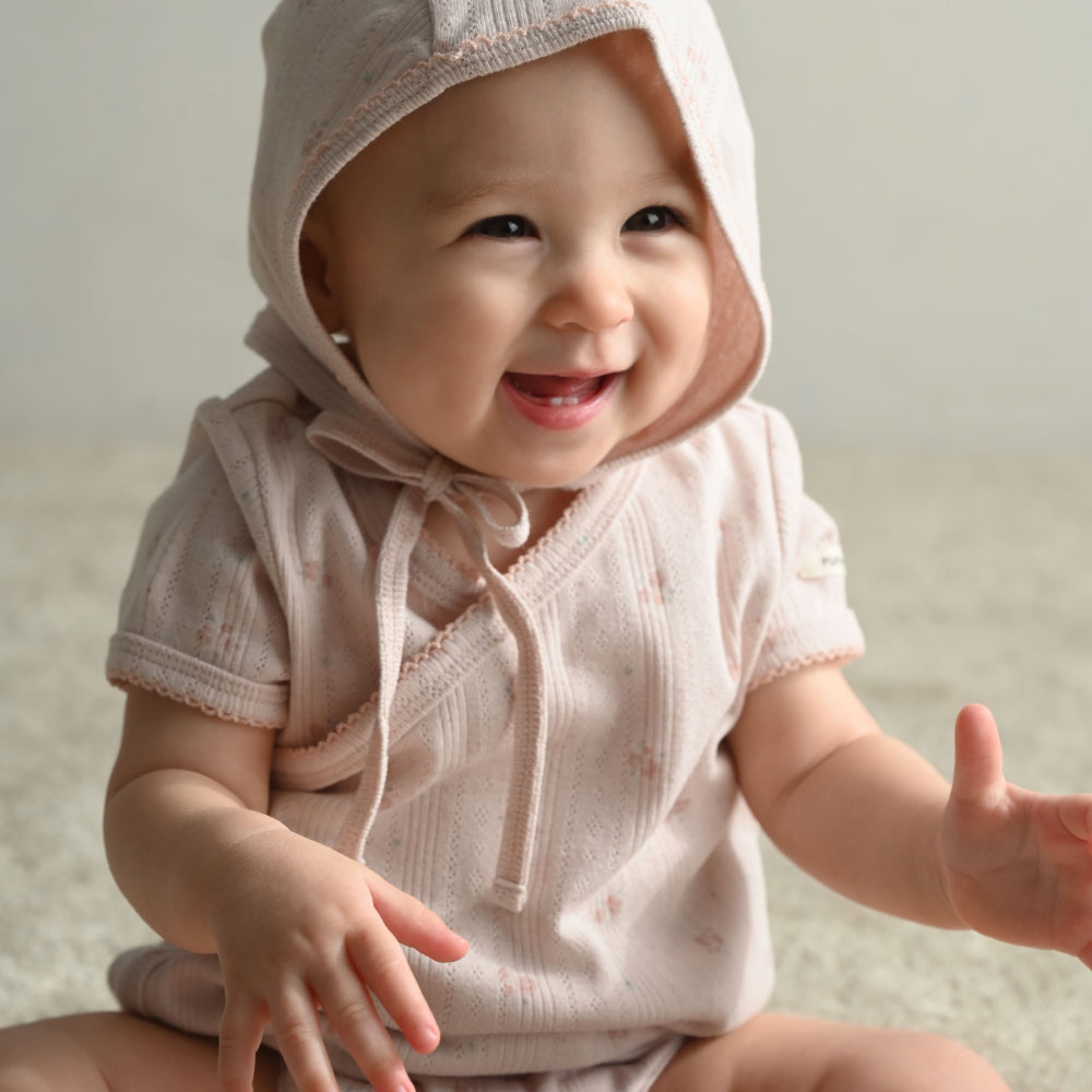 前開き ロンパース 針抜き ボンネット付き