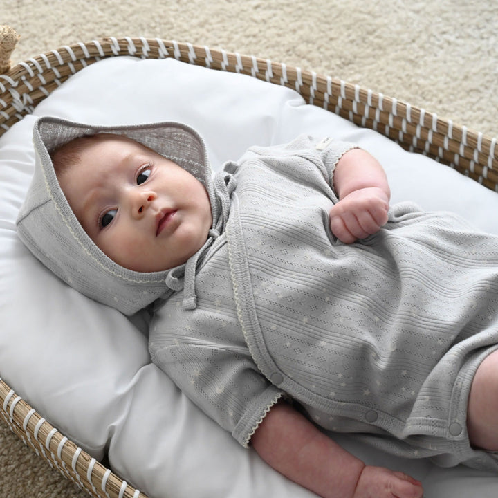 前開き ロンパース 針抜き ボンネット付き