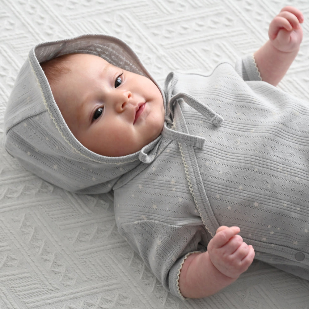 前開き ロンパース 針抜き ボンネット付き