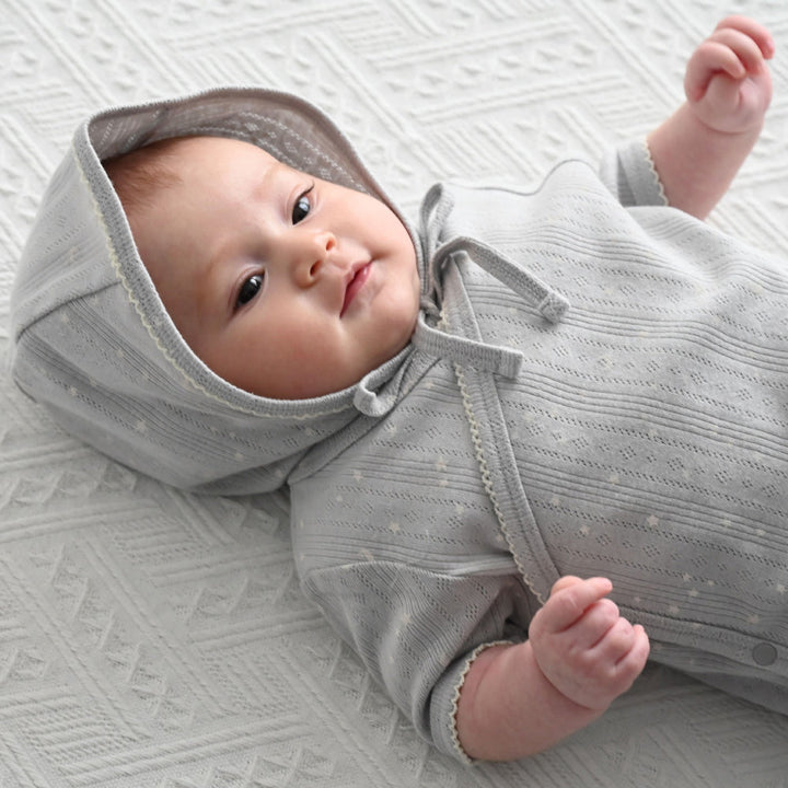 前開き ロンパース 針抜き ボンネット付き