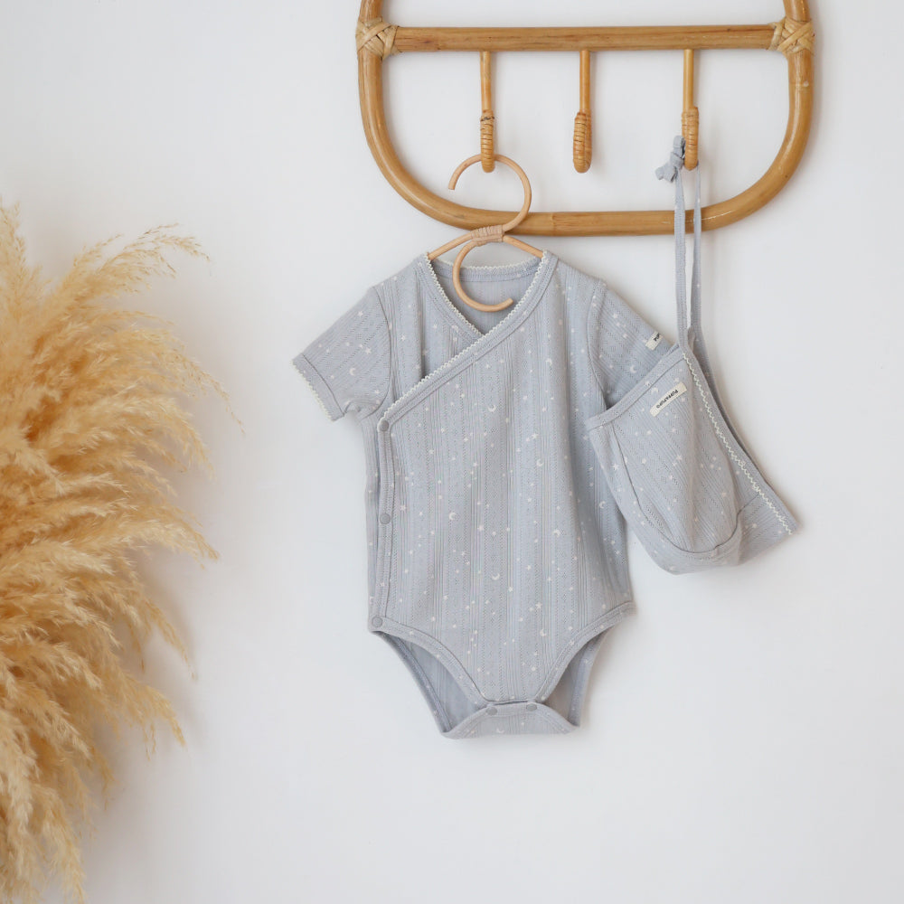 前開き ロンパース 針抜き ボンネット付き