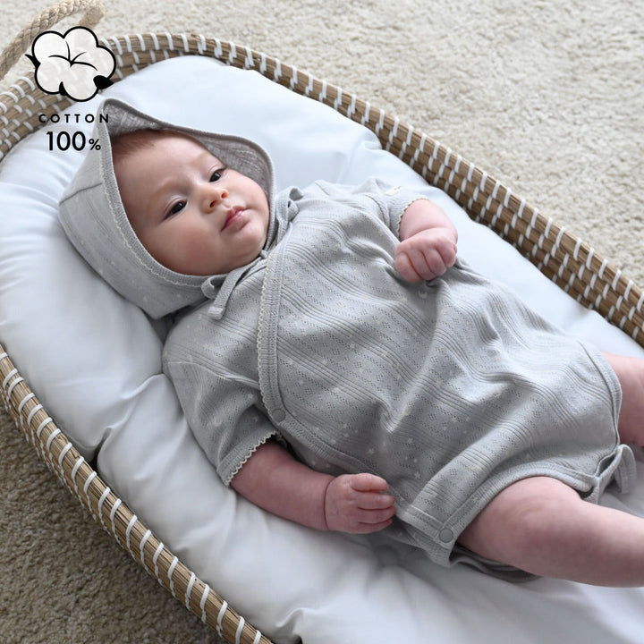 前開き ロンパース 針抜き ボンネット付き