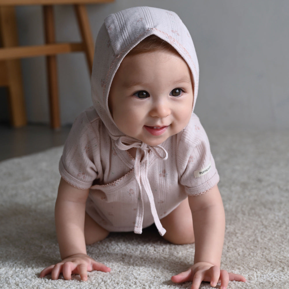 前開き ロンパース 針抜き ボンネット付き