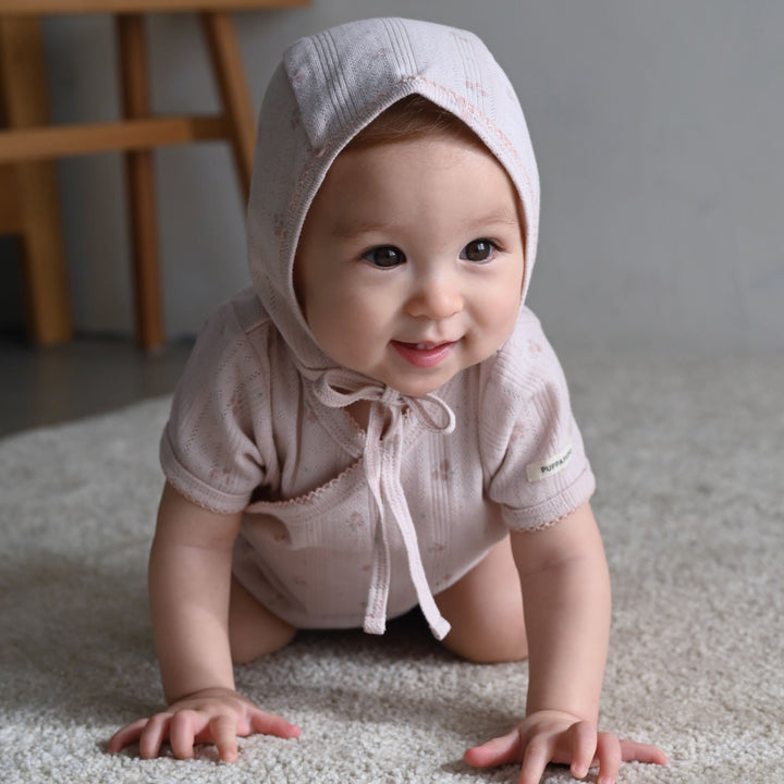 前開き ロンパース 針抜き ボンネット付き