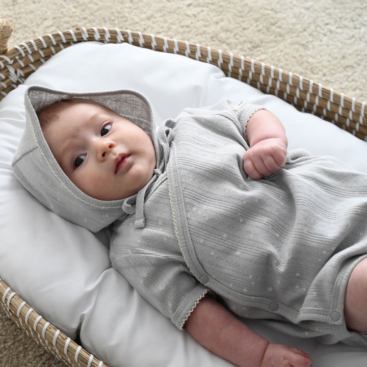 前開き ロンパース 針抜き ボンネット付き