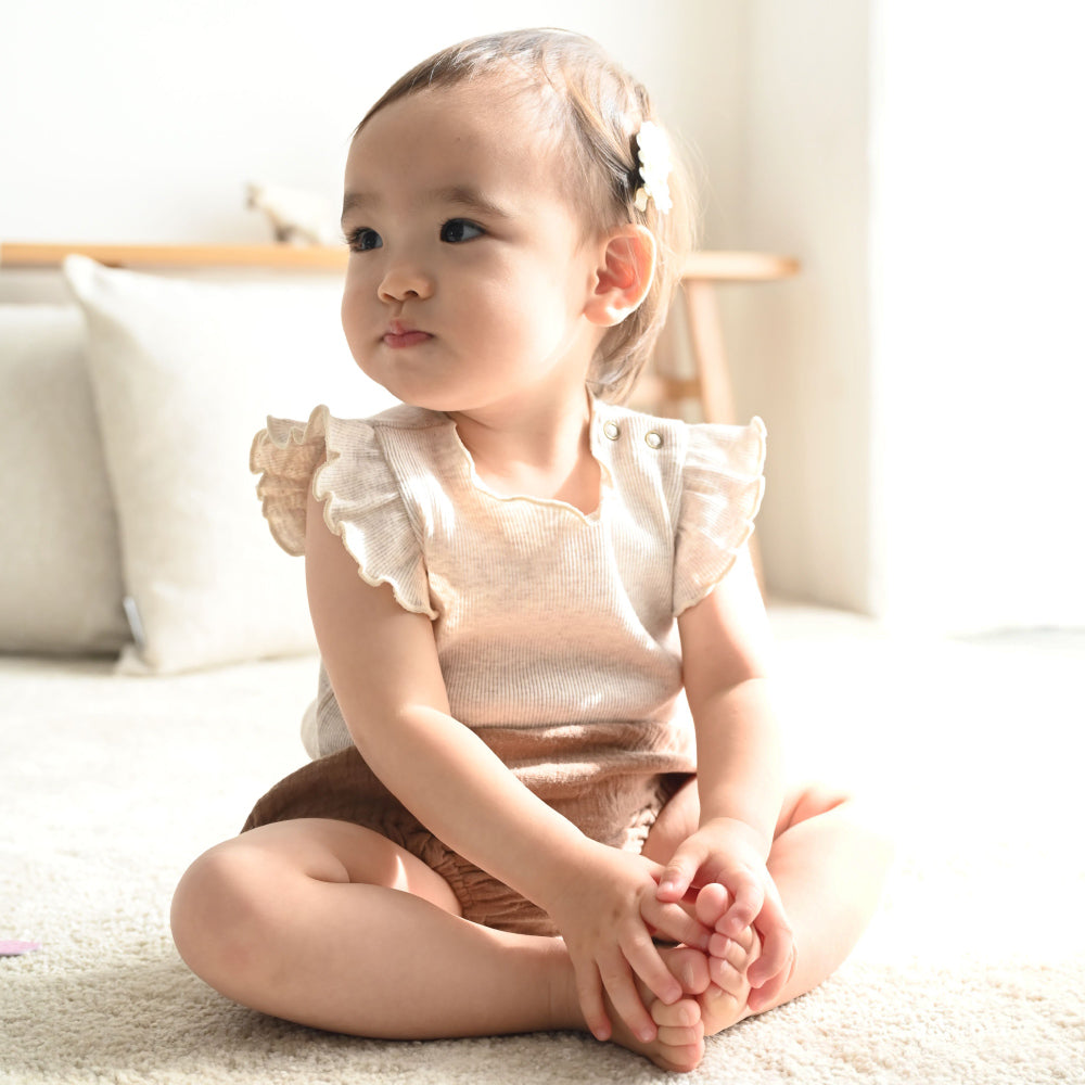 肩フリル ノースリーブ ロンパース テレコ