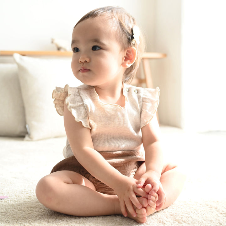 肩フリル ノースリーブ ロンパース テレコ