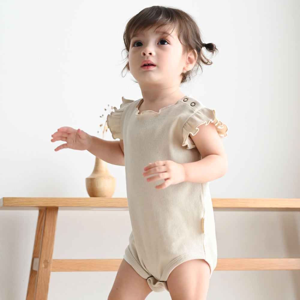 肩フリル ノースリーブ ロンパース テレコ