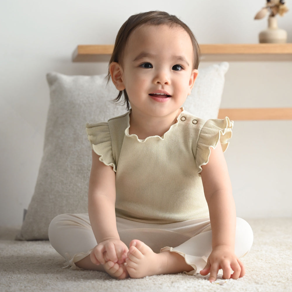 肩フリル ノースリーブ ロンパース テレコ