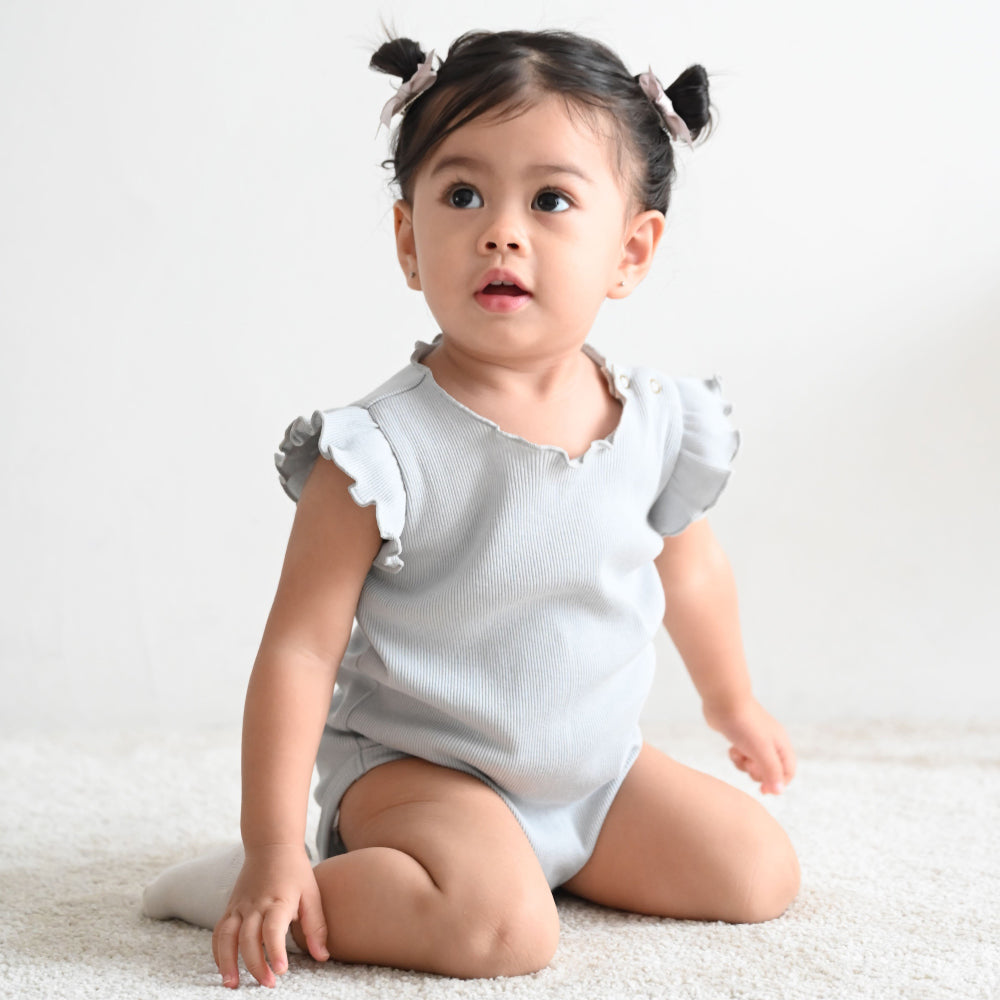 肩フリル ノースリーブ ロンパース テレコ