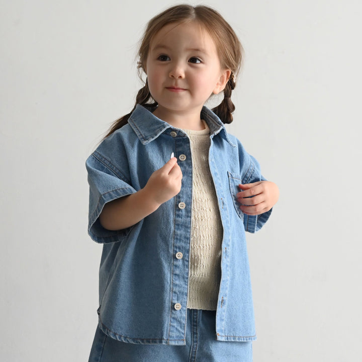 ステンカラー 半袖 シャツ デニム