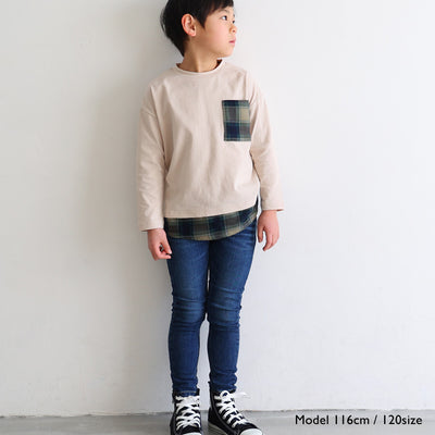 チェック ポケット 裾 レイヤード 長袖 Tシャツ