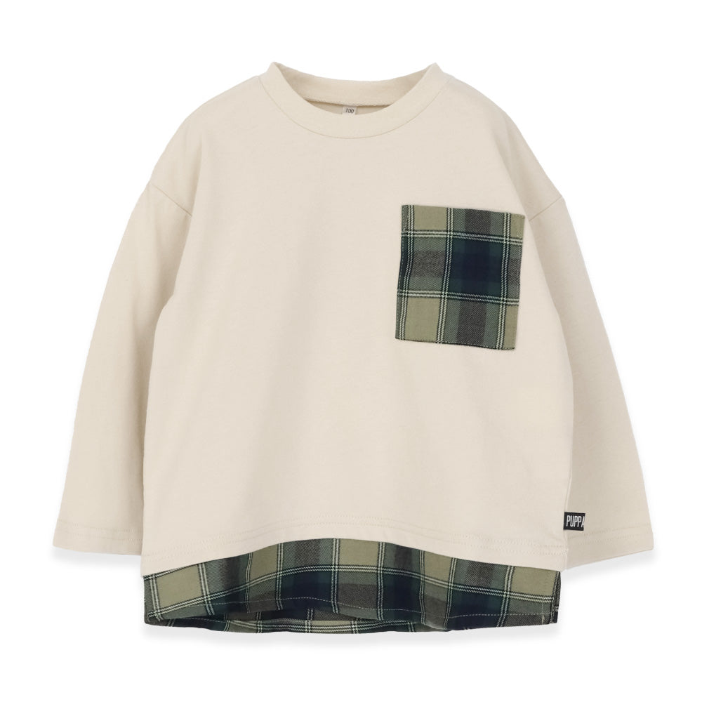 チェック ポケット 裾 レイヤード 長袖 Tシャツ