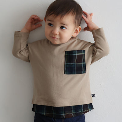 チェック ポケット 裾 レイヤード 長袖 Tシャツ